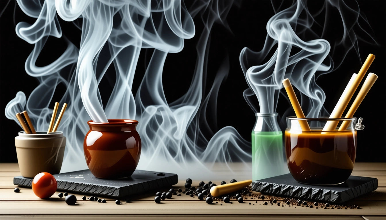 Brown and beige pots with sticks, green bottle, smoke swirling, coffee beans scattered on wooden surface