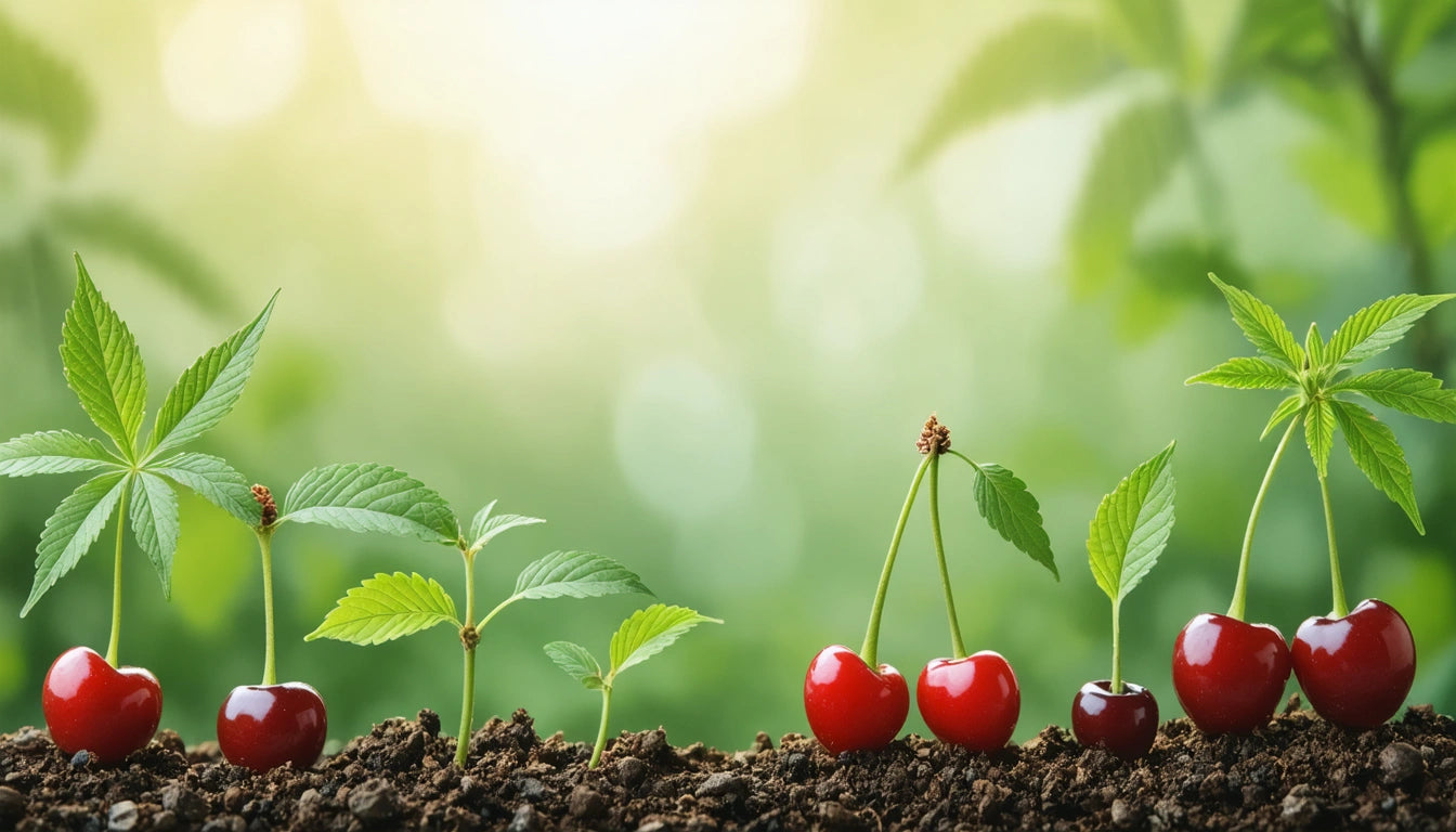 Red cherries with green leaves growing from soil against a blurred green background