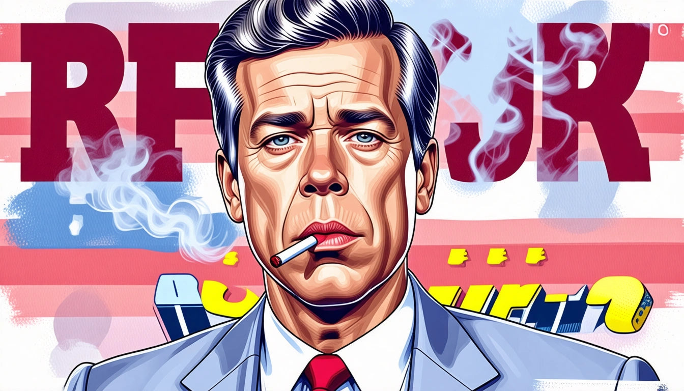 Man with cigarette in mouth, wearing a suit and tie, against a colorful background with bold letters and smoke