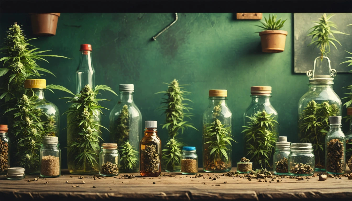 Glass jars and bottles on a wooden table, each containing green plants, against a dark green wall with a small potted plant