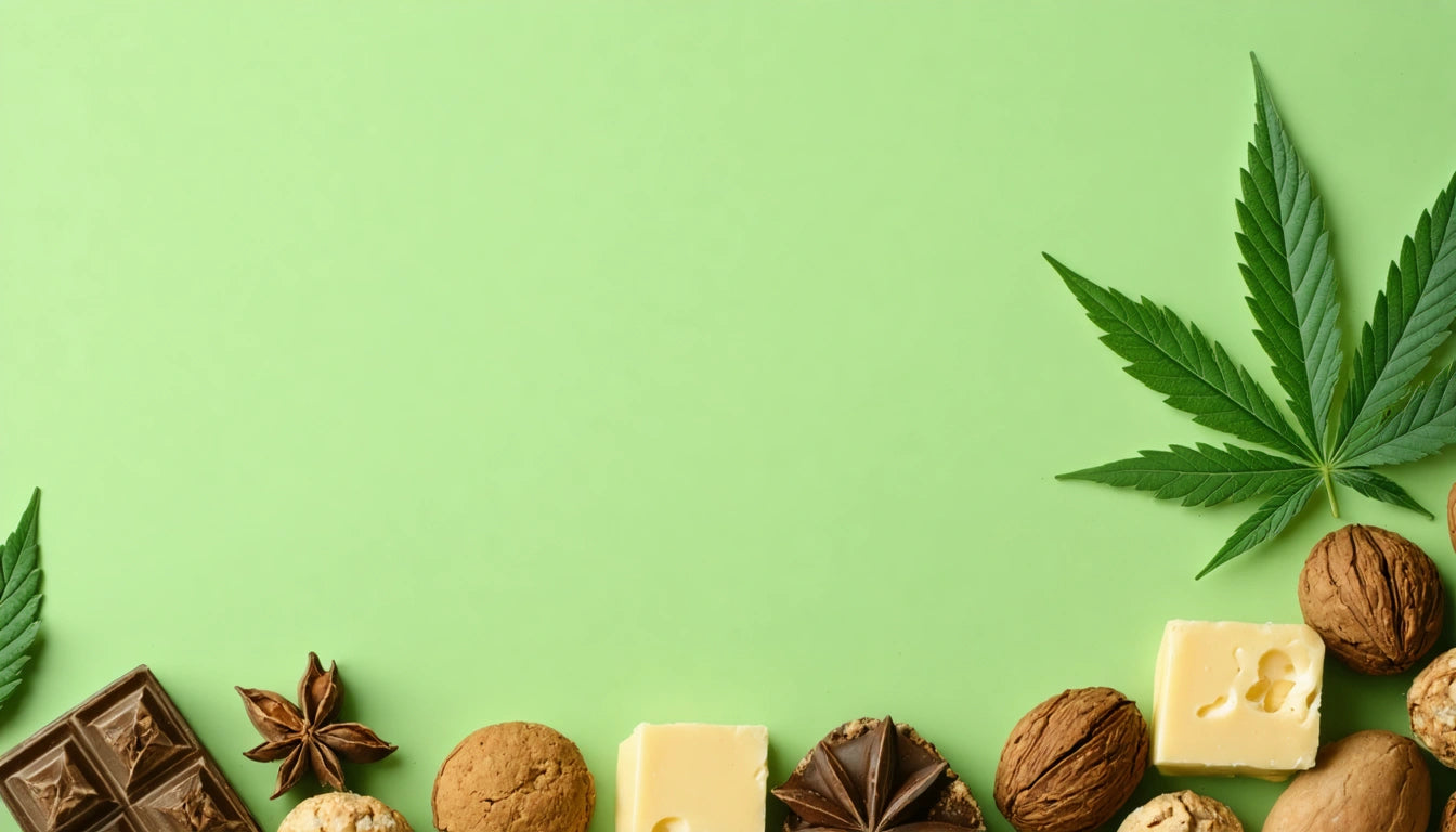 Chocolate, cookies, cheese, and nuts arranged at the bottom on a green background with cannabis leaves on the sides
