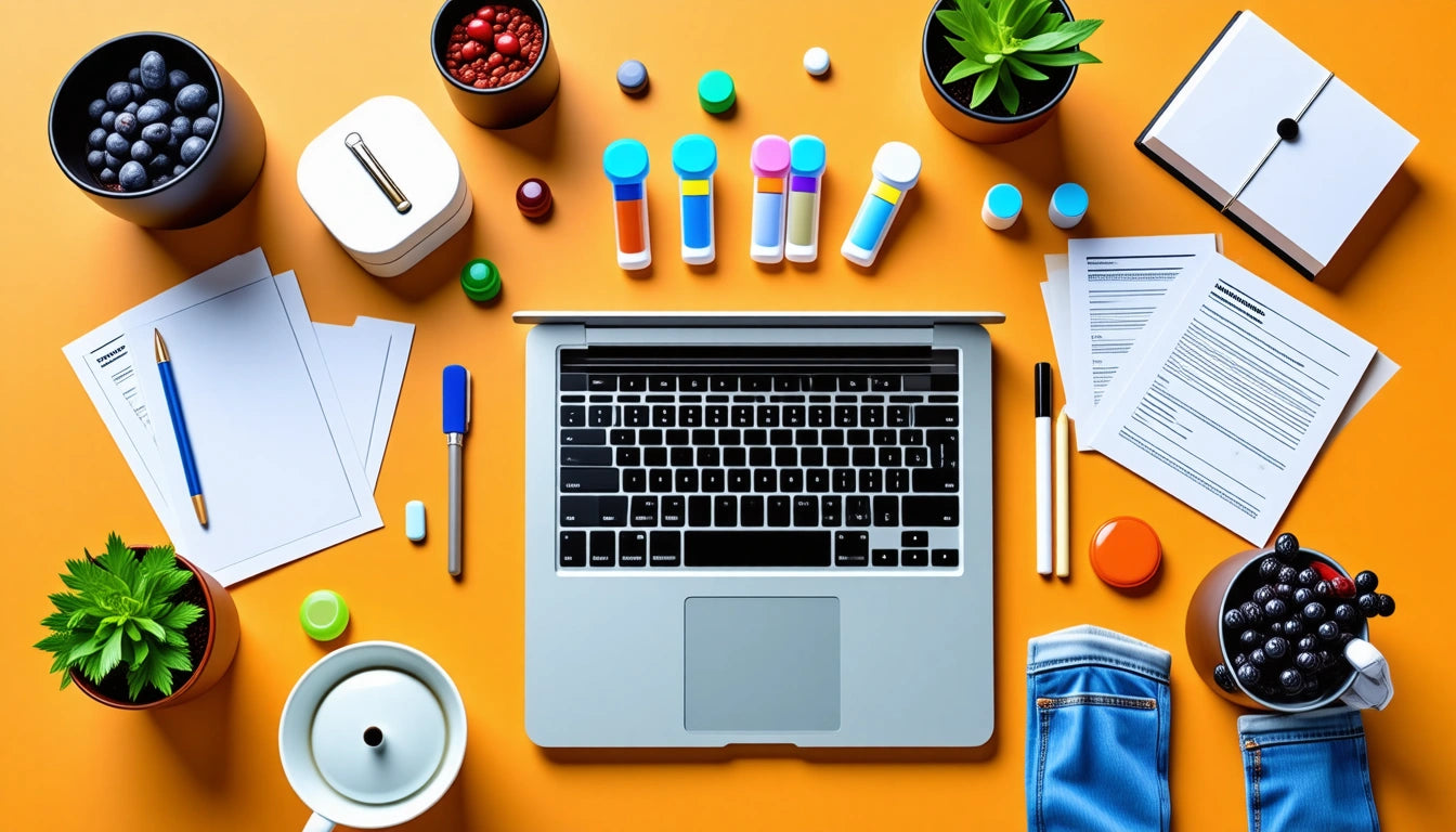 Open laptop on orange surface, surrounded by papers, colorful test tubes, plants, pens, a cup, and small containers