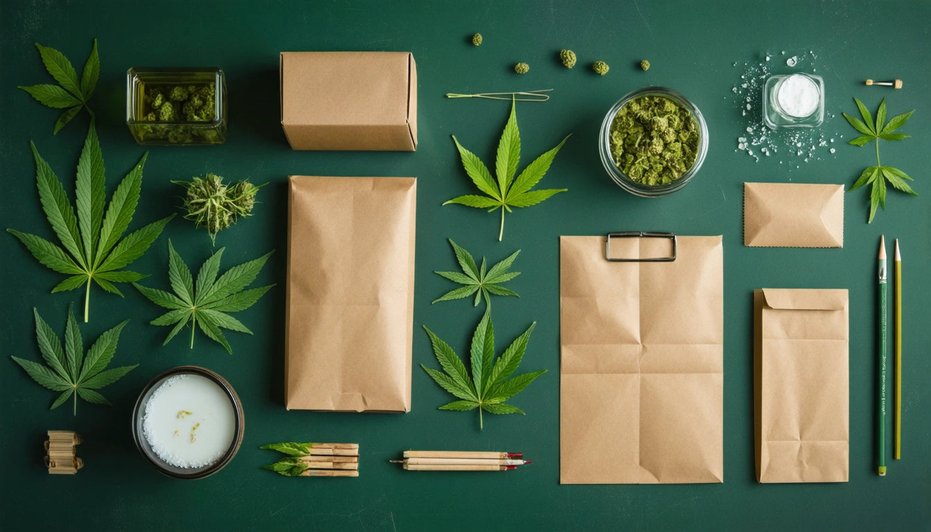 Brown paper bags, cannabis leaves, and jars of buds arranged on a green surface with pencils and a candle