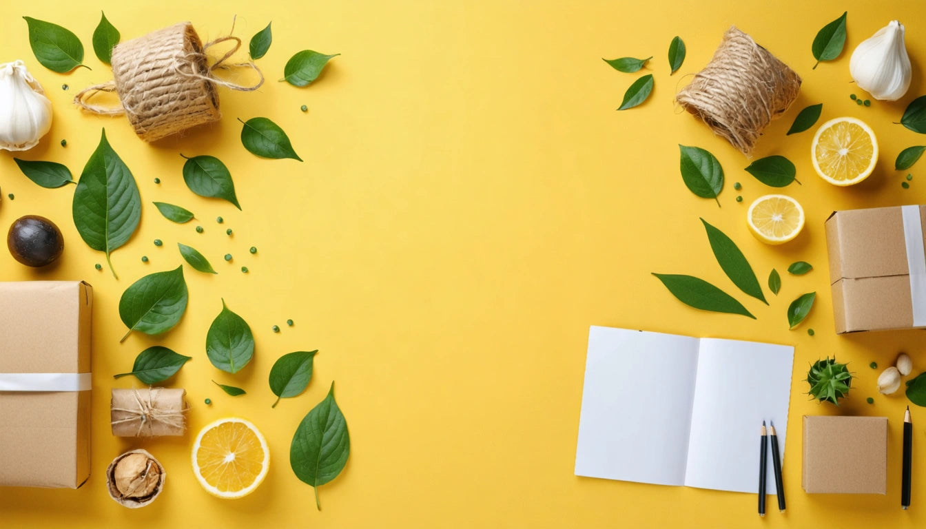 Brown boxes, green leaves, lemons, garlic, and twine on yellow background with open notebook and pencils on the right