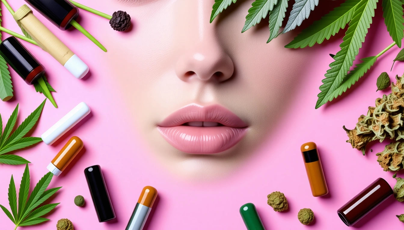 Face with pink lips surrounded by cannabis leaves, small buds, and colorful vape pens on a pink background