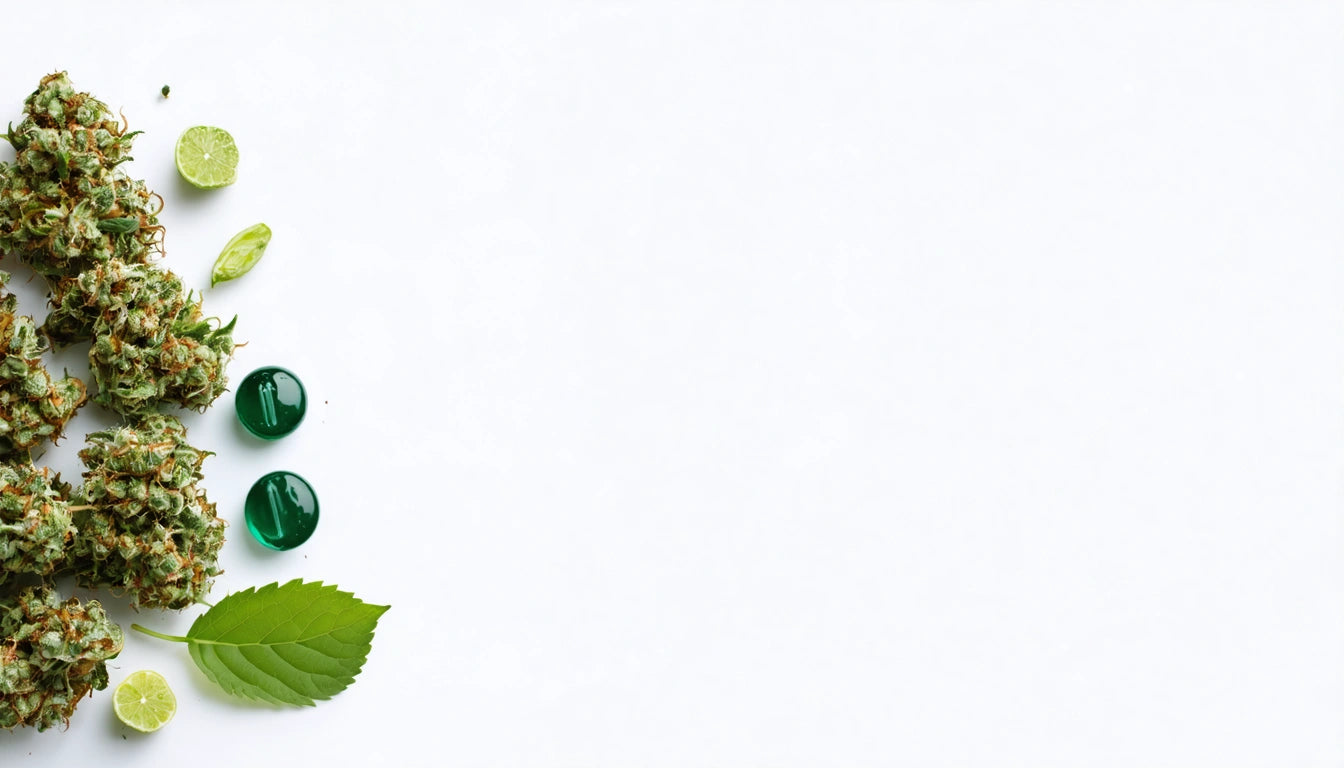 Dense clusters of green buds, two green capsules, a lime slice, and a green leaf on a white background