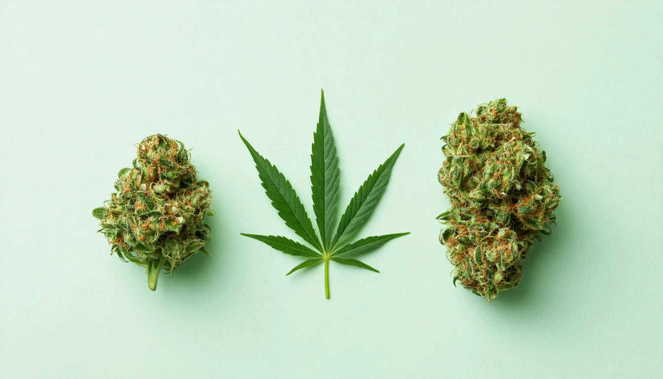Two cannabis buds and a cannabis leaf on a light green background