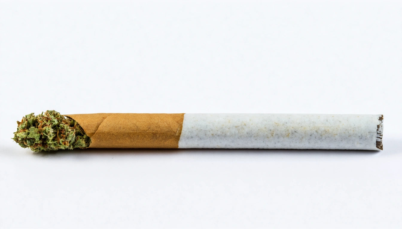 Brown and white rolled cigarette with green leafy substance at one end on a plain white background