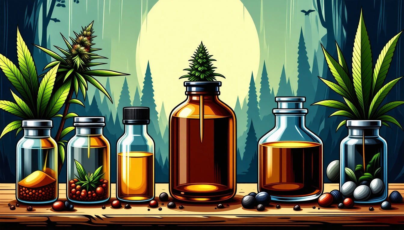 Six glass bottles with various liquids and plants, set on a wooden surface against a forest backdrop with a large moon