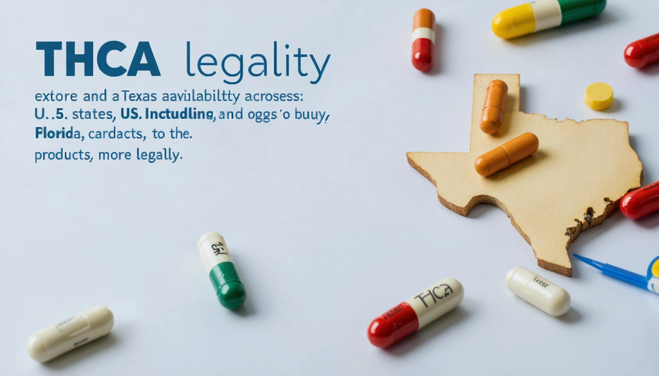 White surface with scattered capsules, wooden Texas shape, and blue text on the left side