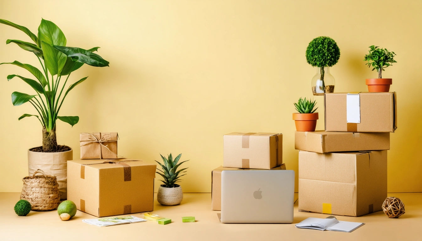 Laptop on desk surrounded by potted plants, stacked cardboard boxes, and a wrapped gift against a yellow background