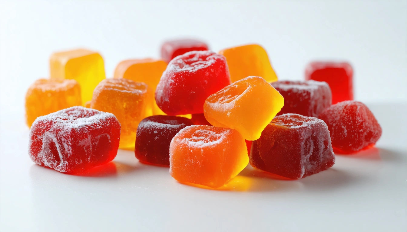 Assorted red and orange gummy candies with sugar coating on a white surface