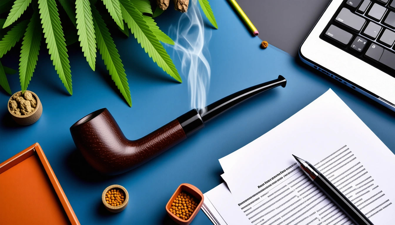 Wooden pipe with smoke, cannabis leaves, walnuts, seeds, pencil, papers, pen, and part of a laptop on a blue surface