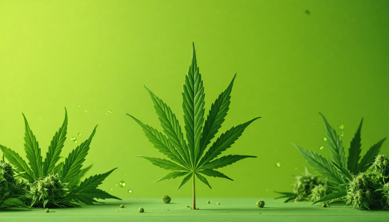 Green cannabis leaf centered against a matching green background, with smaller leaves and buds scattered around