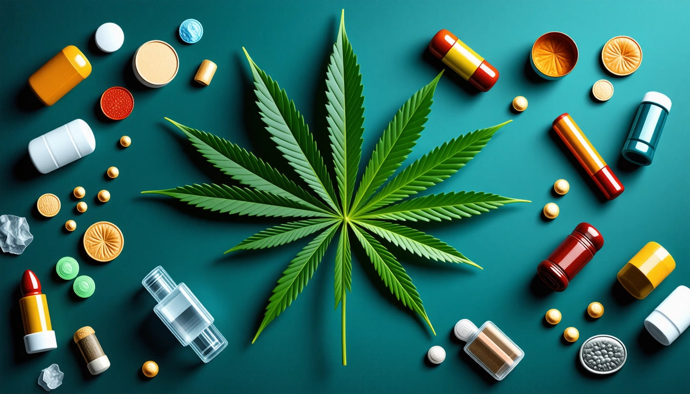 Green leaf with serrated edges centered on teal background, surrounded by various colorful pills and medicine bottles