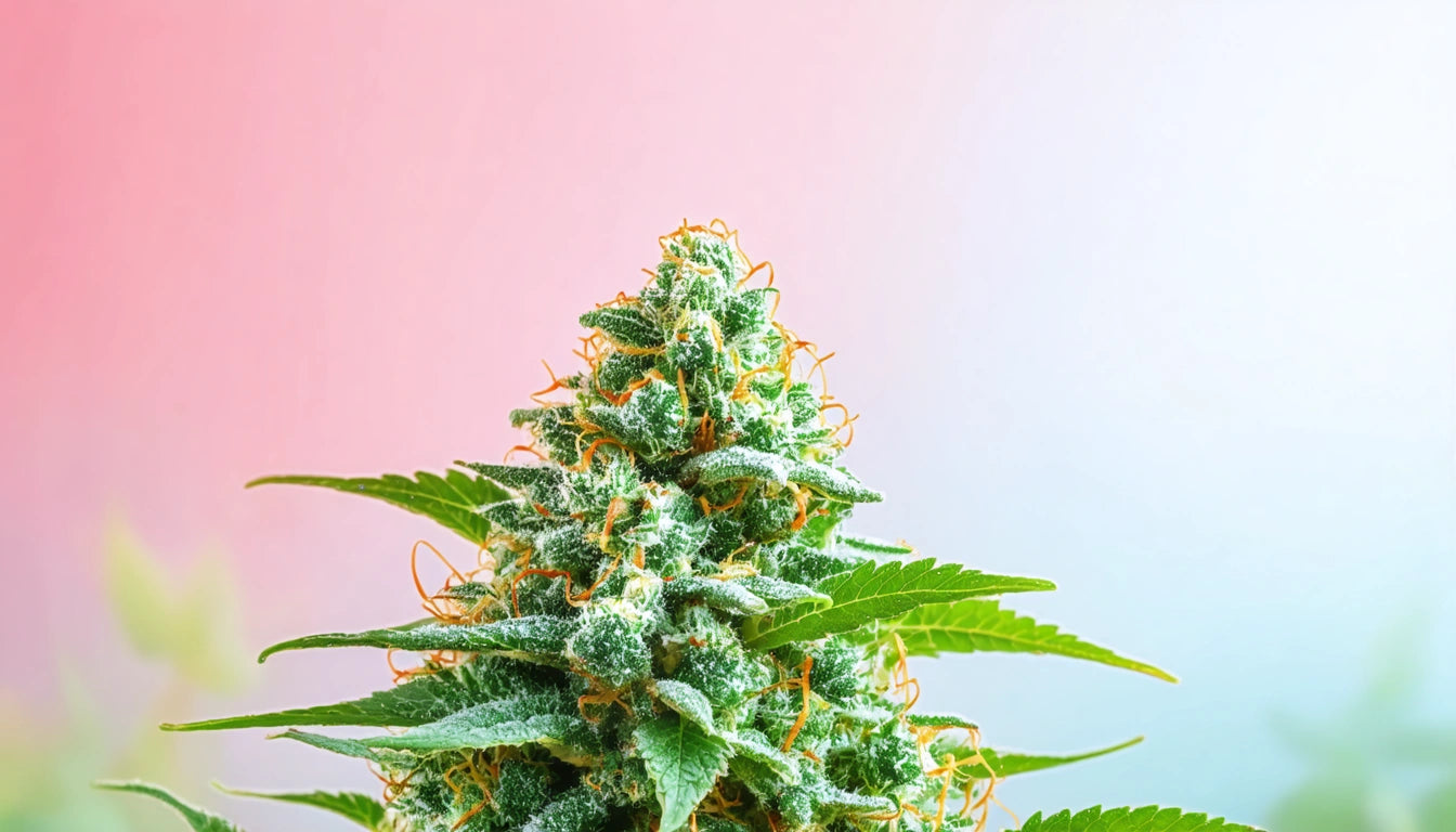 Green plant with dense clusters of small leaves and orange strands, set against a gradient pink to light blue background