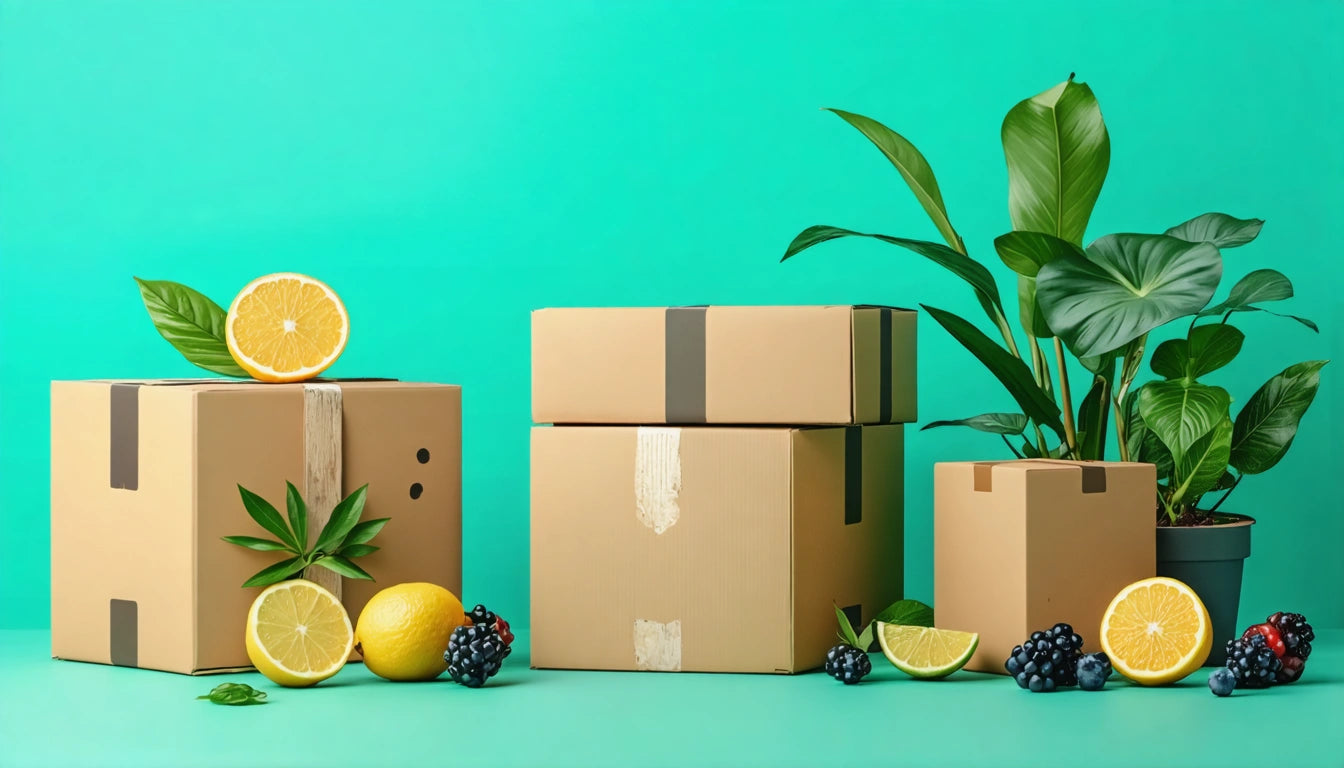 Cardboard boxes with lemons, limes, berries, and a potted plant against a bright green background