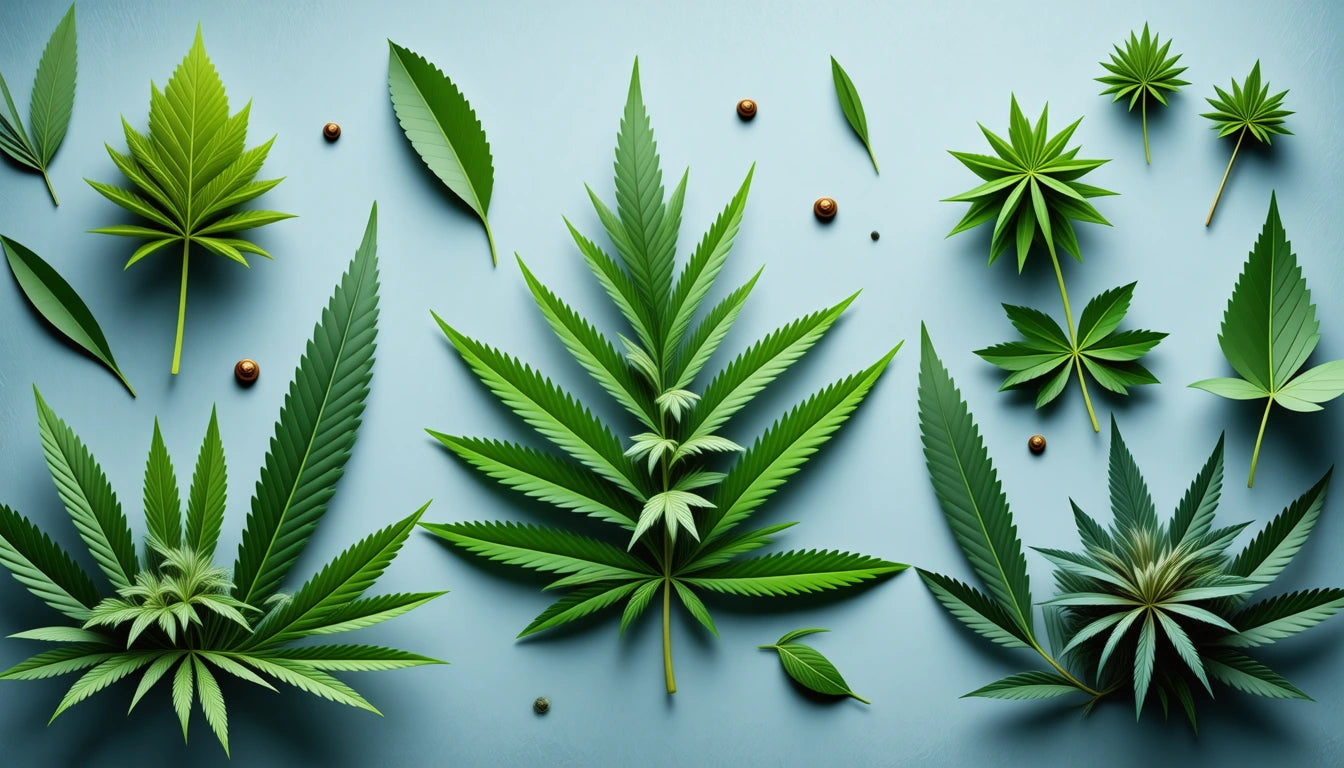 Various green leaves and small brown seeds scattered on a light blue surface