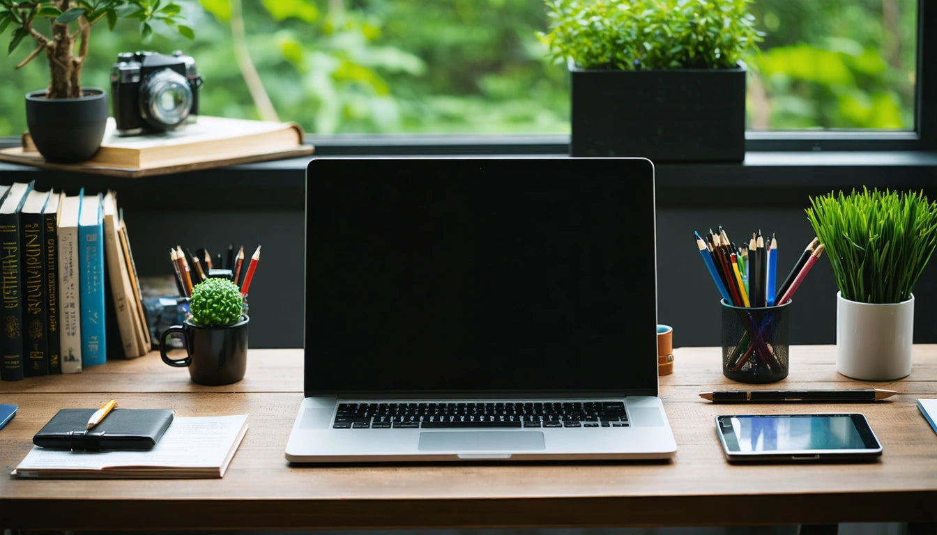 Laptop on wooden desk surrounded by notebooks, potted plants, pencils, and a smartphone, with a window view of greenery
