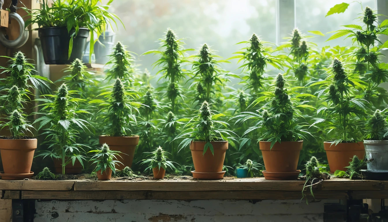Potted plants with dense green foliage on a wooden table, sunlight streaming through a window in the background