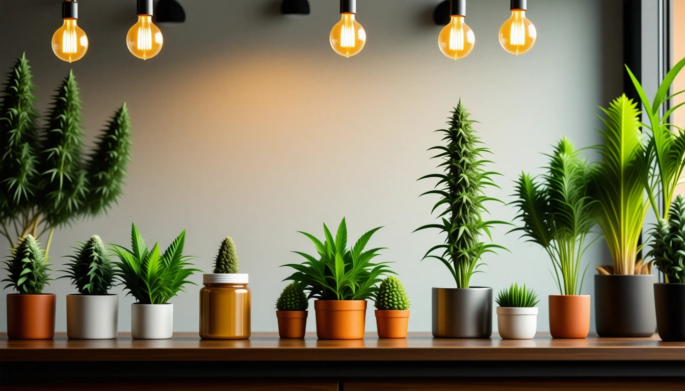 Potted plants of various sizes on a wooden table, lit by hanging light bulbs against a gray wall