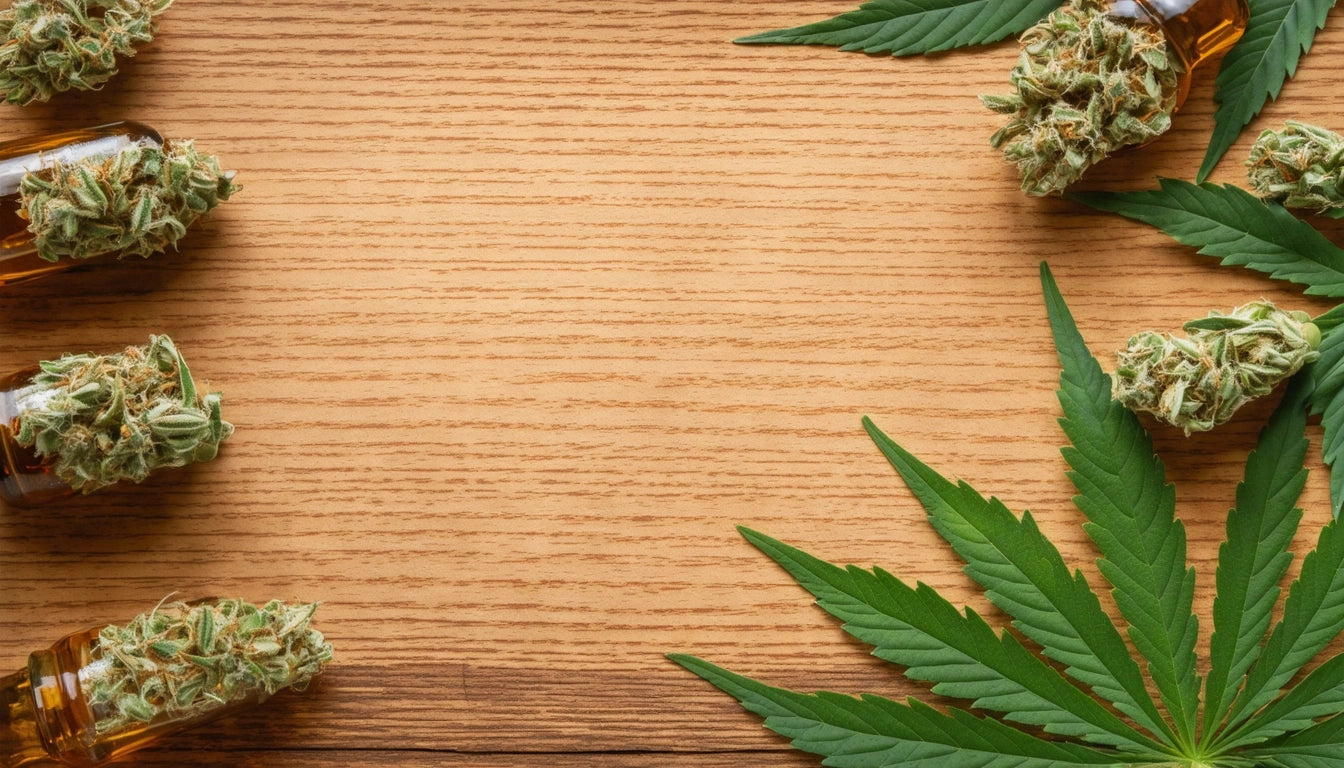 Wooden surface with scattered glass jars of green buds and a large green leaf on the right