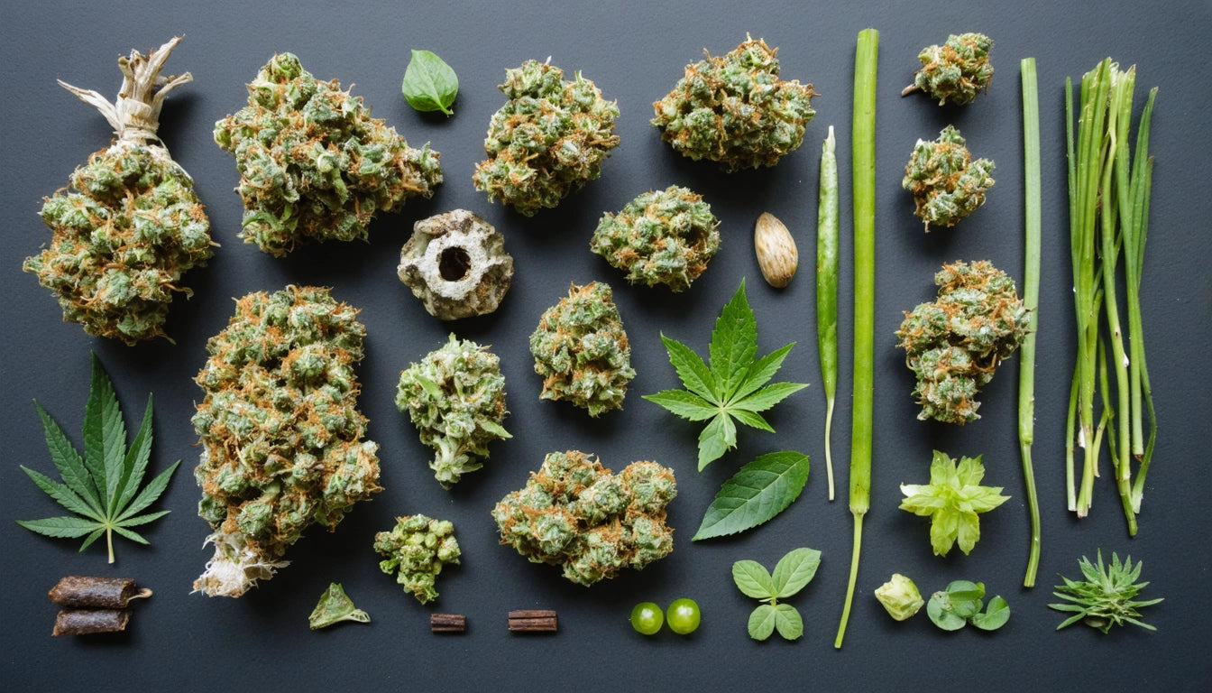 Various green plant buds, leaves, and stems arranged on a dark surface, including small round and elongated shapes