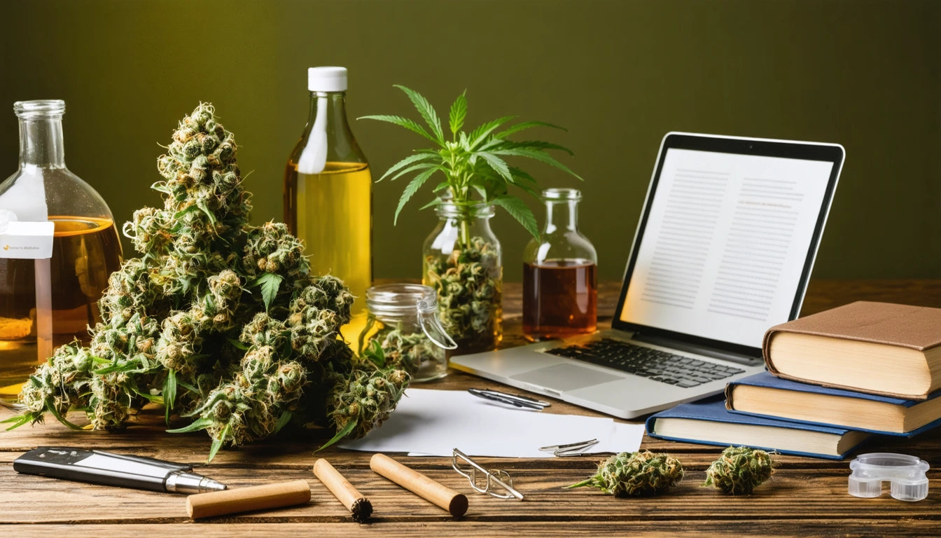 Laptop on wooden table with cannabis buds, oil bottles, books, and a small plant in a jar