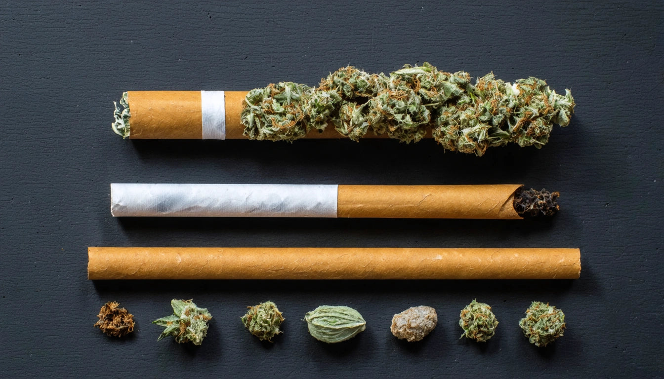 Three rolled cigarettes, one filled with green buds, on black surface; seven small clusters of green and brown material below