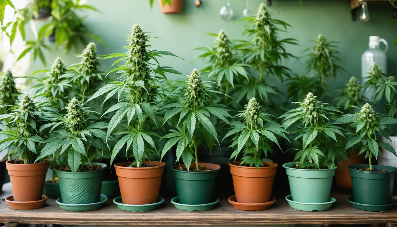 Rows of potted plants with green leaves and tall buds on a wooden table, against a green wall with hanging pots