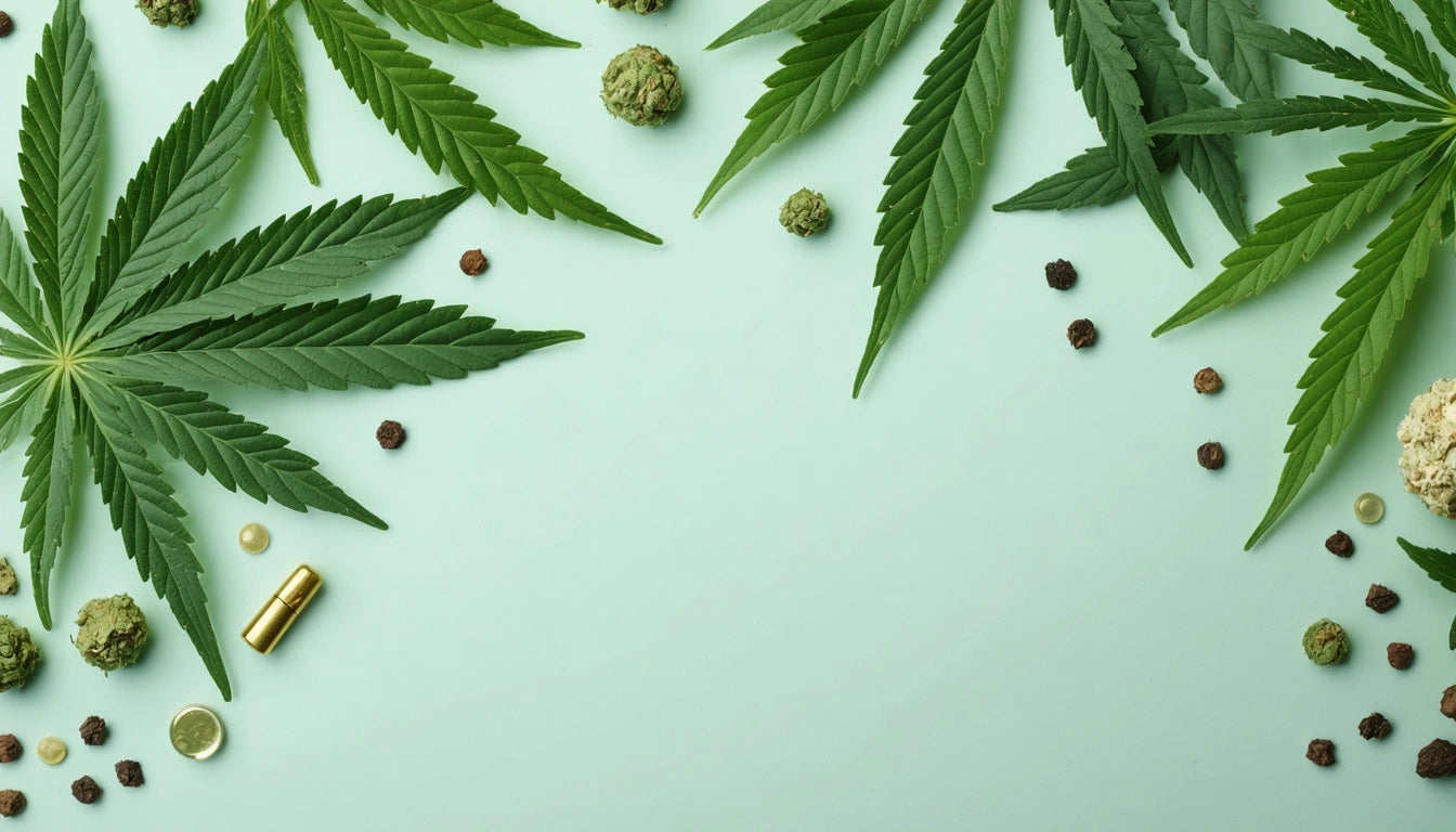 Cannabis leaves and buds scattered on a light green background with a gold capsule and small round objects