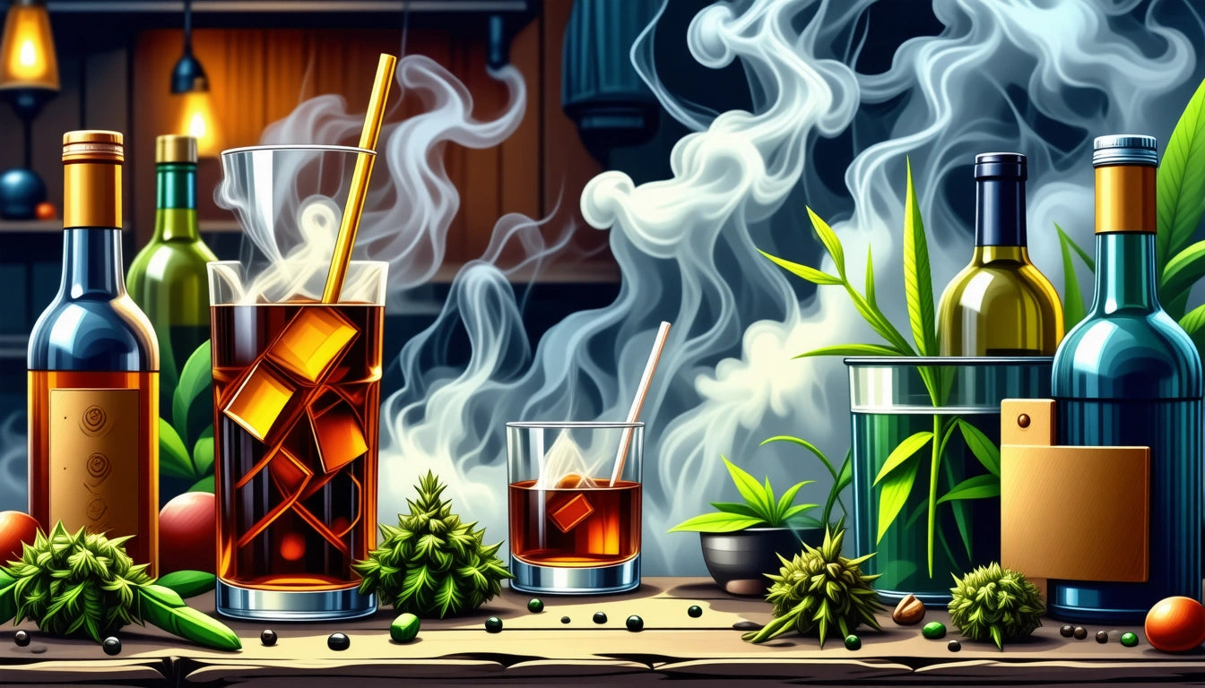 Glasses with iced drinks and straws, surrounded by bottles, herbs, and smoke on a wooden surface