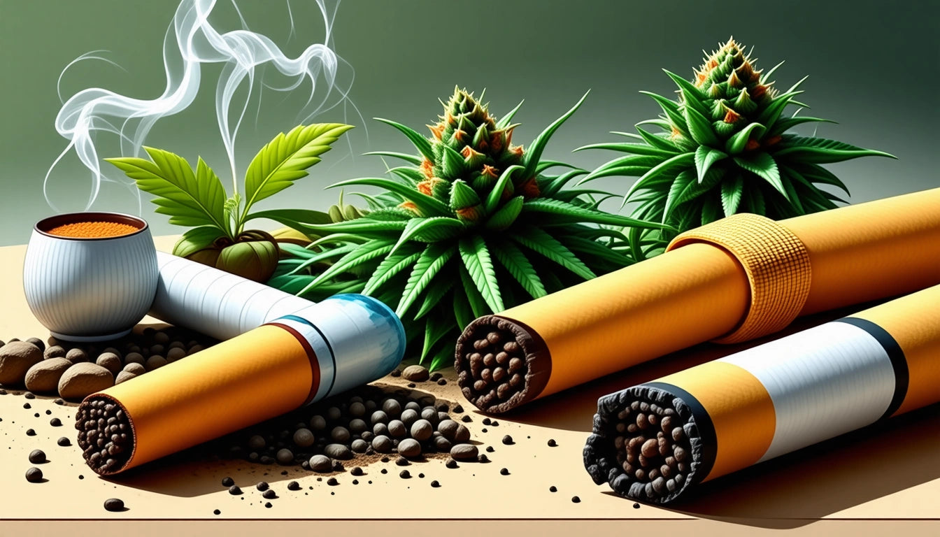 Cigarettes and cannabis plants on a table, with smoke rising and scattered pebbles around