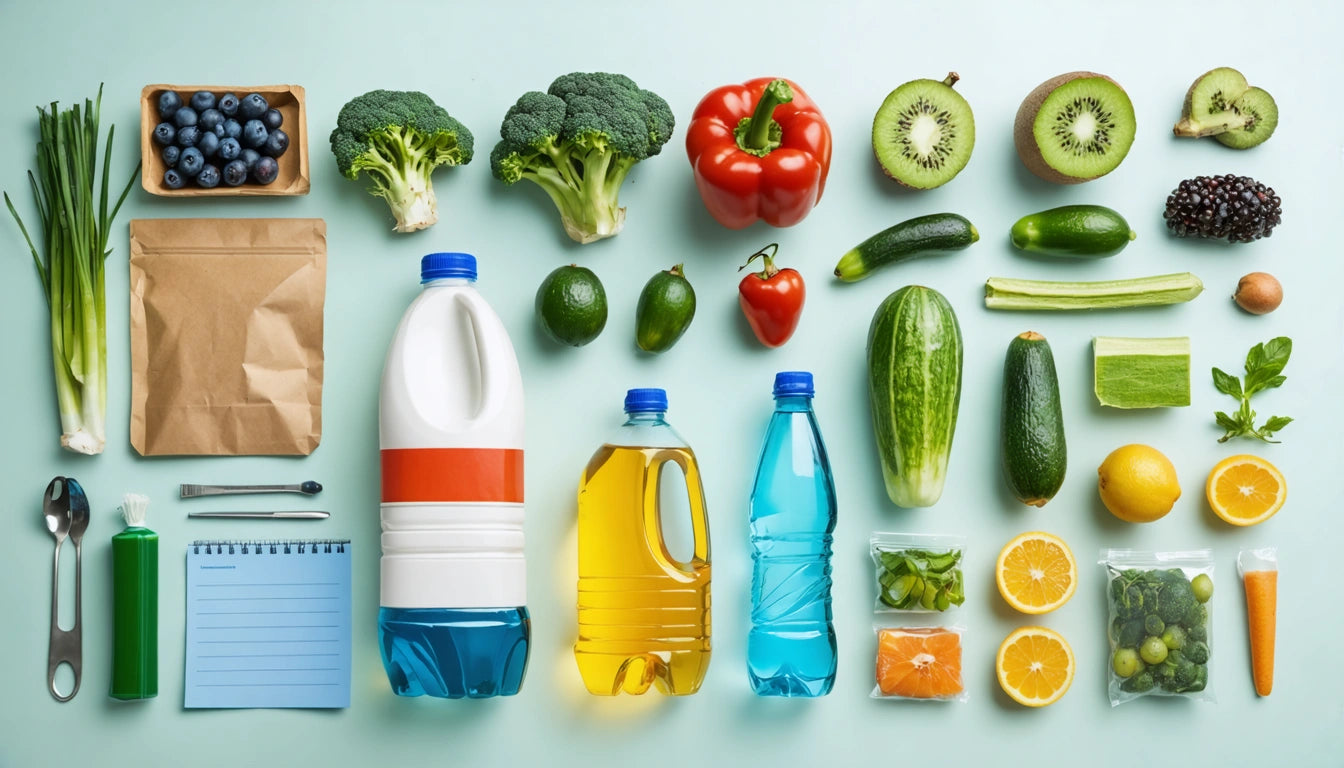 Assorted fruits, vegetables, and bottles arranged neatly on a light blue surface, including broccoli, kiwi, and bell pepper