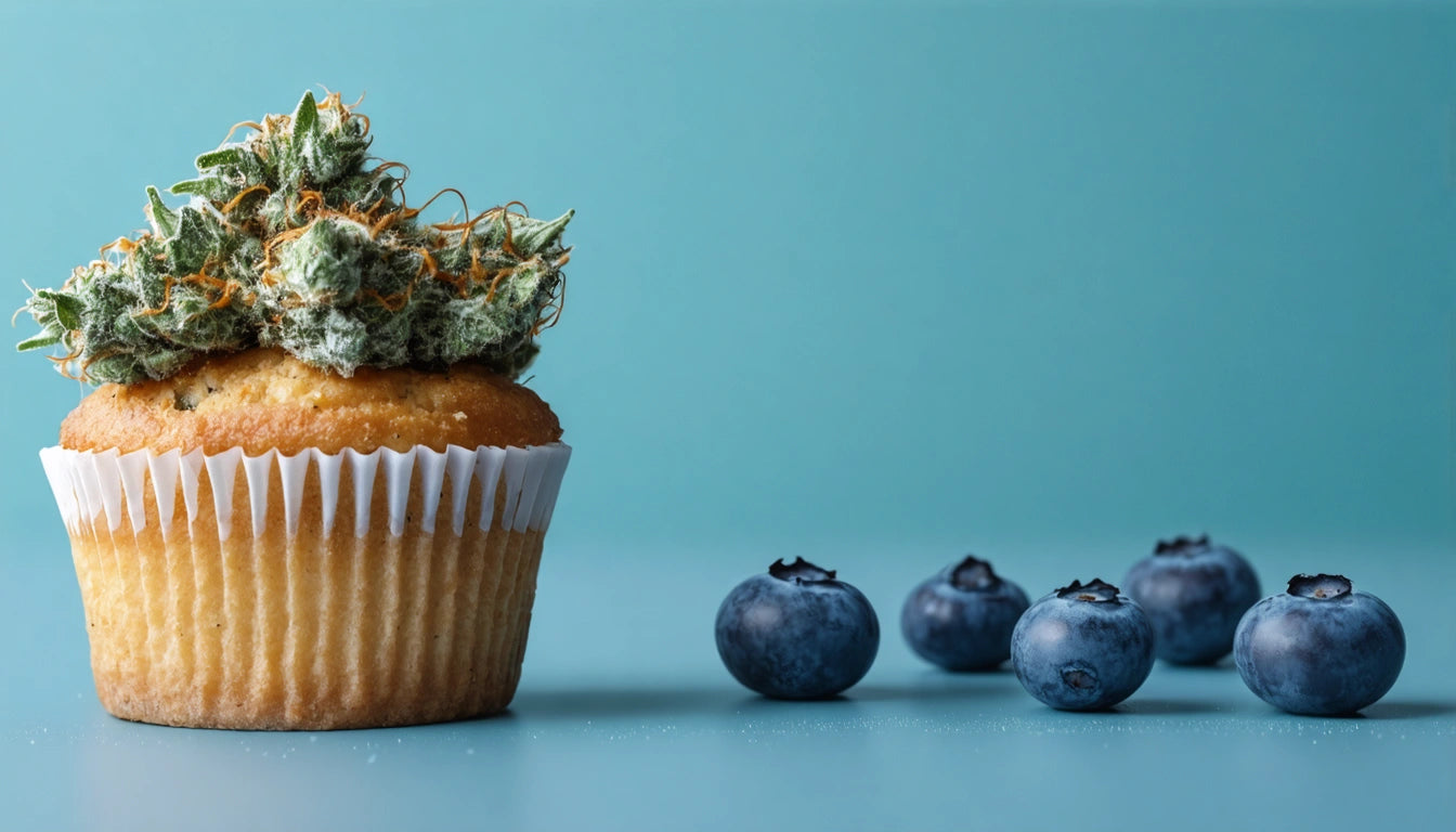 Cupcake with green spiky topping next to five blueberries on a light blue background