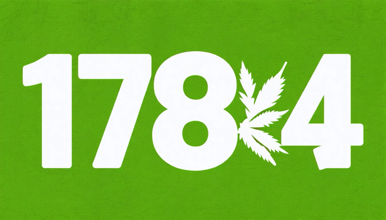 White numbers "1784" on green background, with a cannabis leaf replacing part of the number "8"