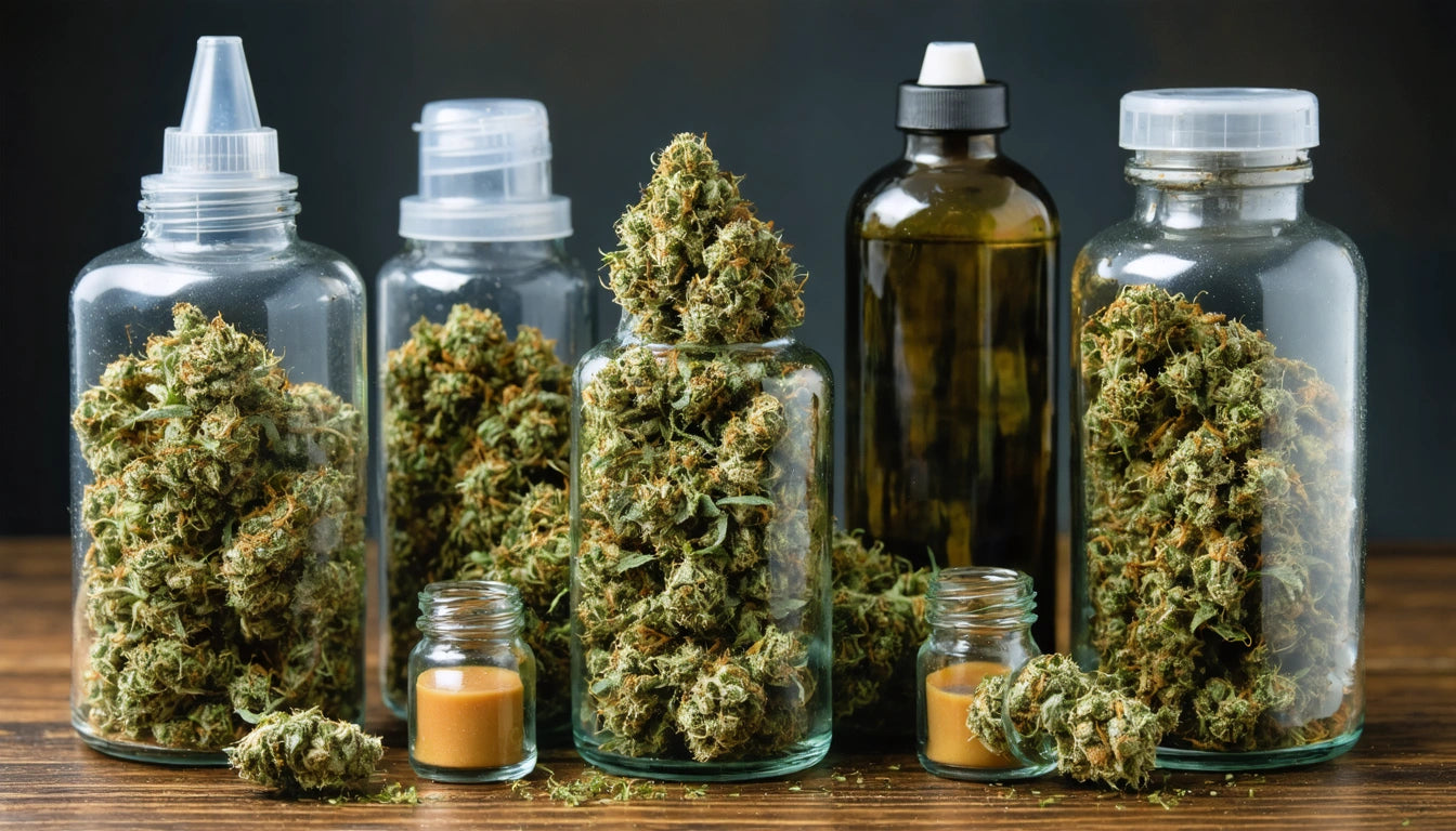 Glass jars filled with green, leafy buds and small jars containing a yellowish substance on a wooden surface