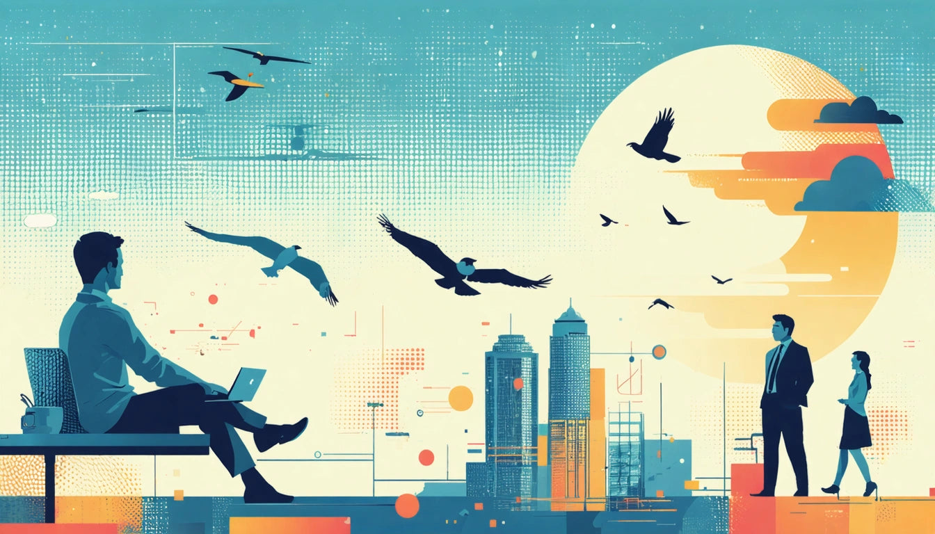 Man sitting with laptop, birds flying, city skyline, large sun, another person standing, abstract geometric shapes, blue and orange tones