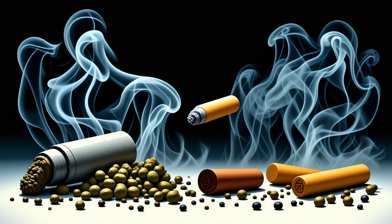 Cigarettes and scattered tobacco with swirling smoke against a dark background