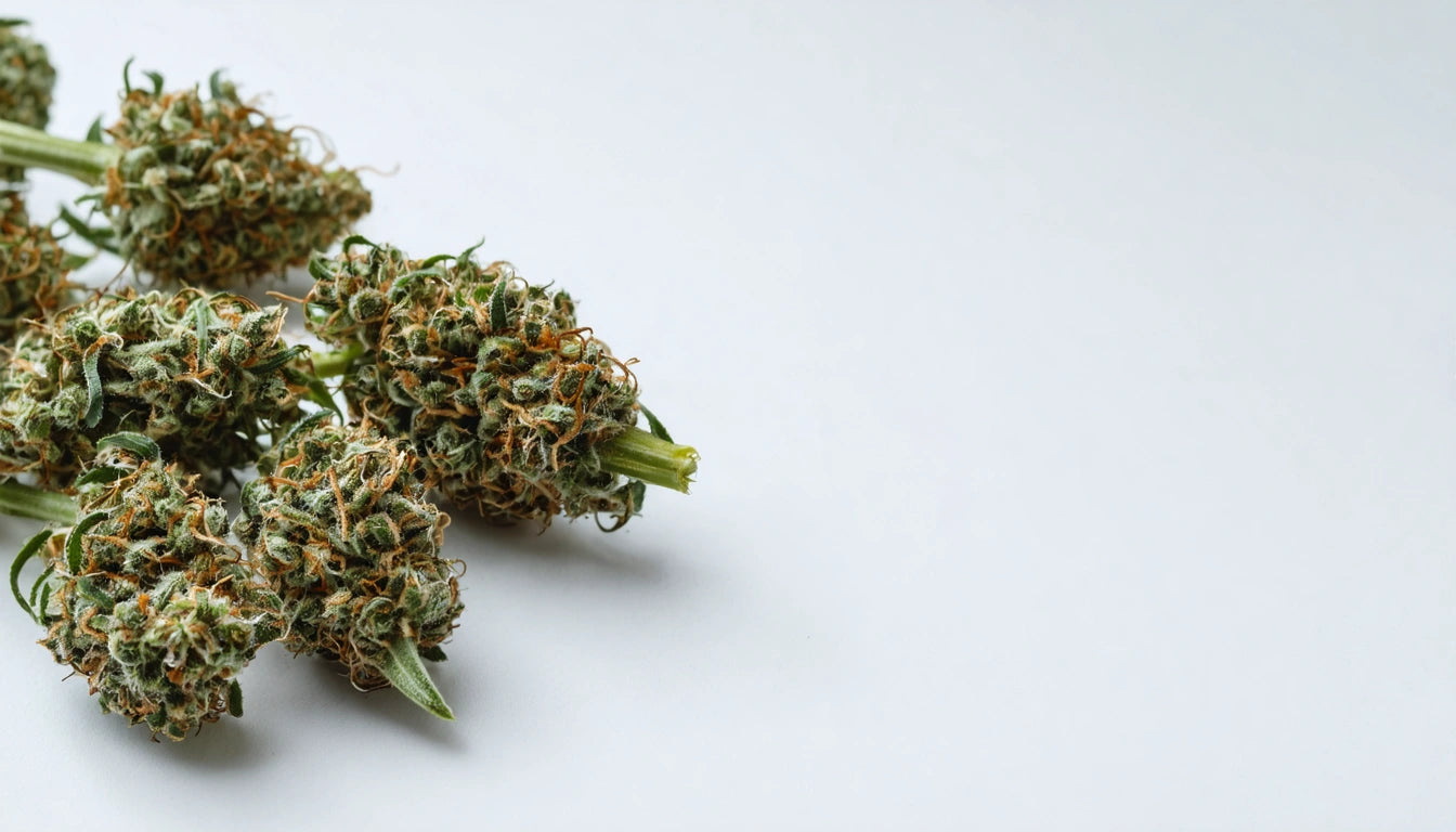 Four green and brown buds with curly textures on a white background