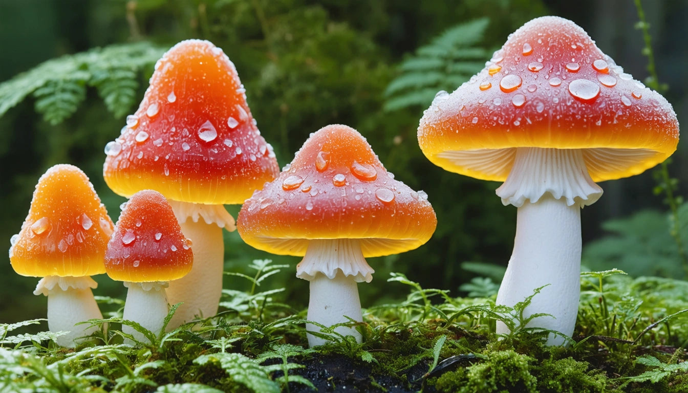 Five red and orange mushrooms with white stems, covered in water droplets, surrounded by green moss and ferns