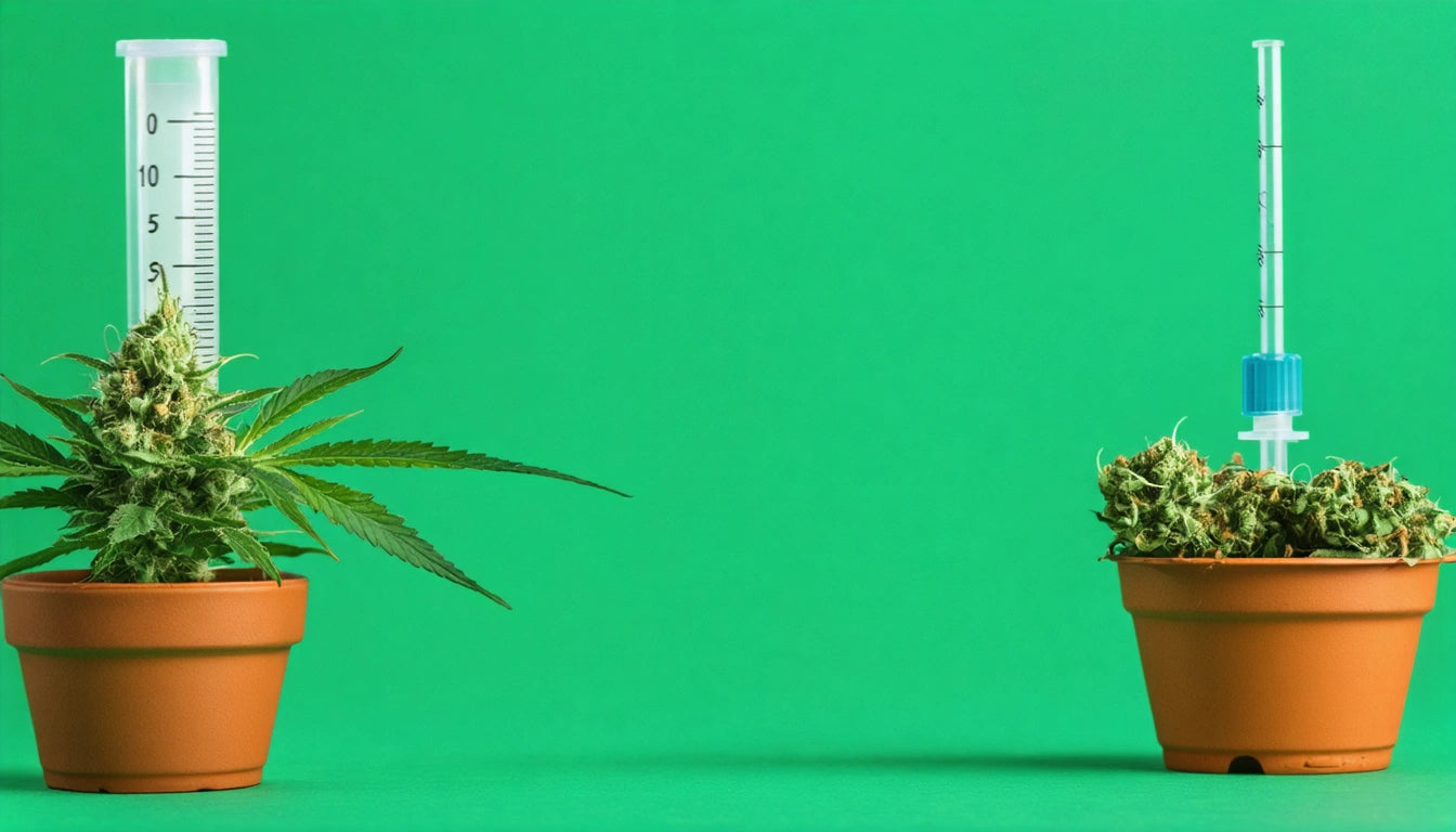 Two potted plants with syringes inserted, one with long leaves on the left, and a smaller plant on the right against a green background