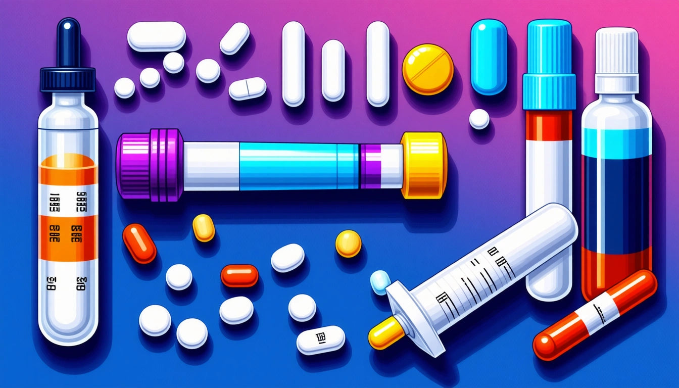 Colorful pills, capsules, and syringes arranged on a gradient purple and pink background