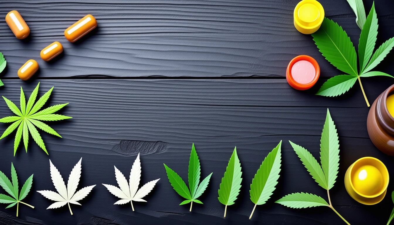 Green and white leaves arranged on black wooden surface, orange capsules and yellow-red containers at corners