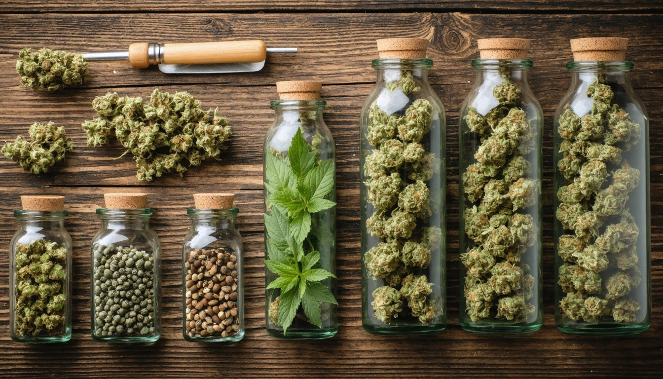 Glass jars filled with green buds and seeds on wooden surface, with a metal tool and scattered buds nearby
