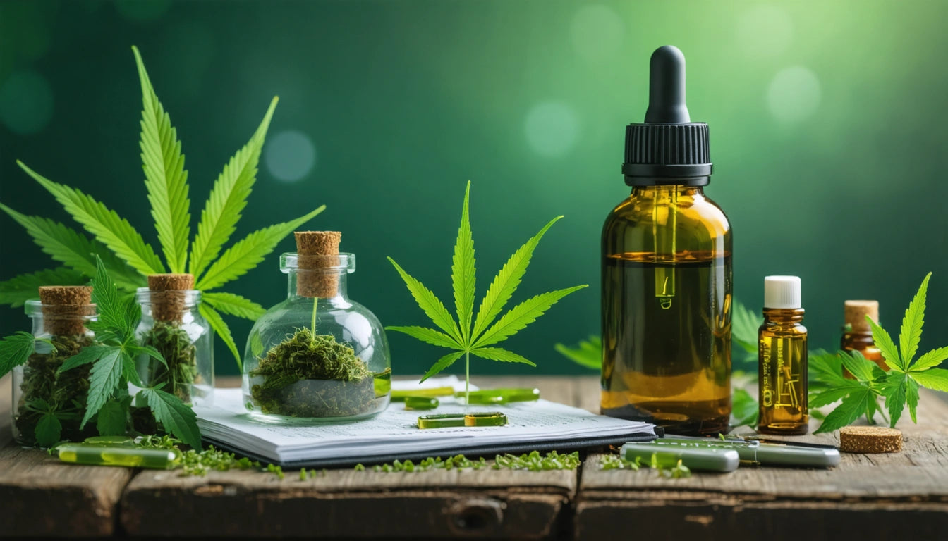 Glass bottles with dropper and cork, green leaves, capsules, and moss on wooden surface, blurred green background