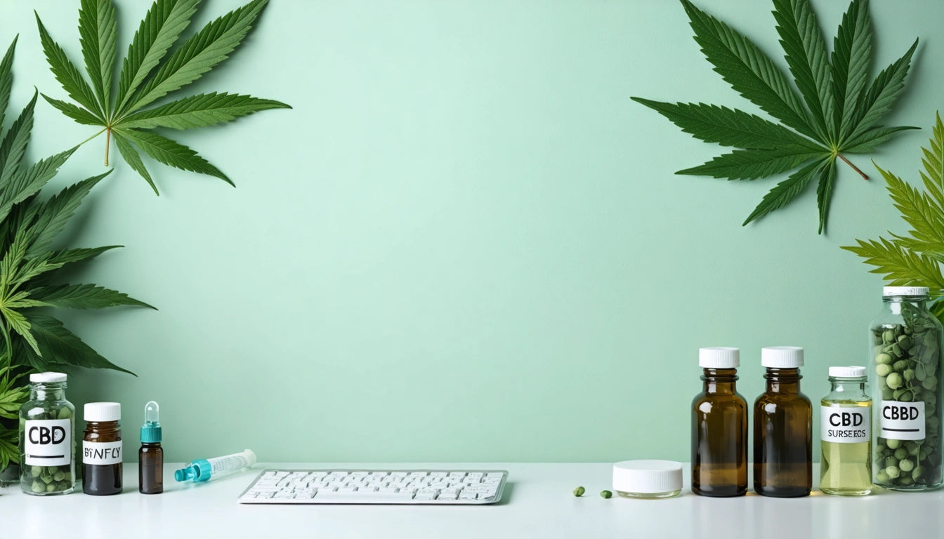 Green leaves on light green wall, white desk with keyboard, brown and clear bottles, syringe, and small jars