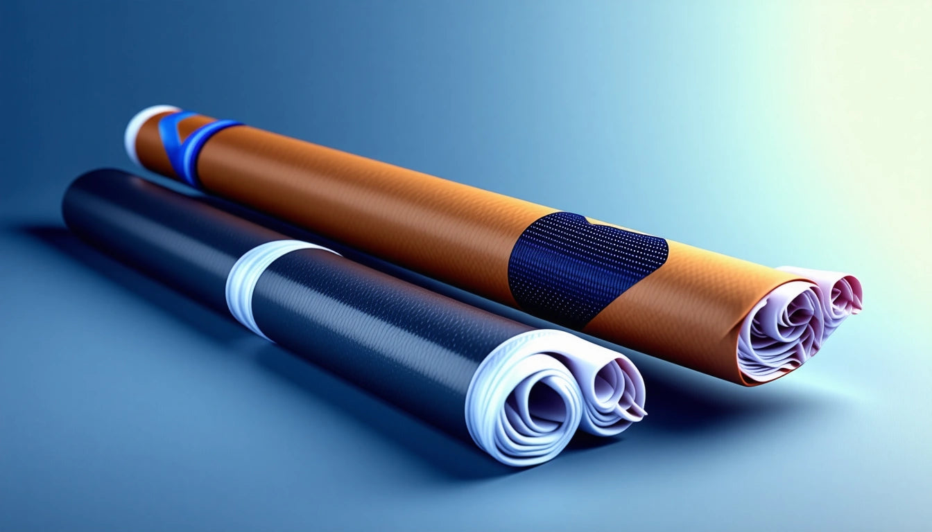 Two rolled-up mats, one orange with a blue stripe, the other dark gray, both with white edges, on a smooth blue surface