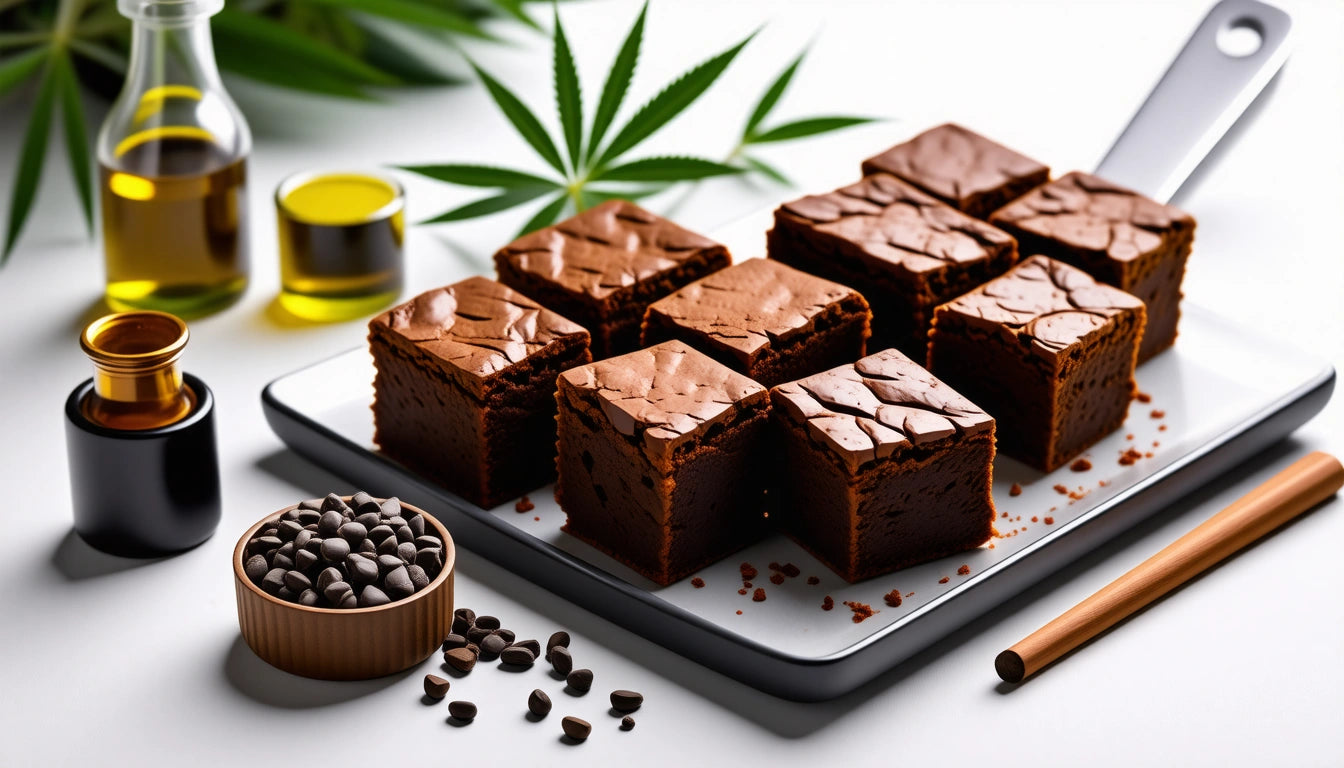 Nine chocolate brownies on a tray, surrounded by chocolate chips, a cannabis leaf, and small bottles of oil
