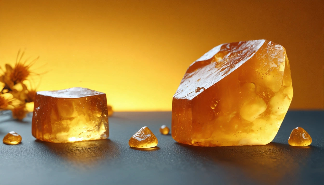 Two amber-colored resin pieces and small droplets on a dark surface, with warm yellow lighting in the background
